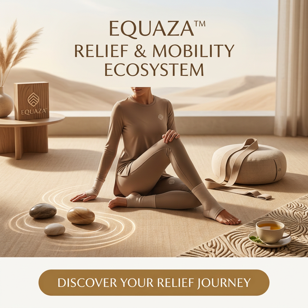 A woman in a beige long-sleeve and leggings outfit sits cross-legged on a cushioned floor in a warm, minimalist room. The scene includes the text 'EQUAZA RELIEF & MOBILITY ECOSYSTEM' at the top and a banner reading 'DISCOVER YOUR RELIEF JOURNEY' at the bottom.