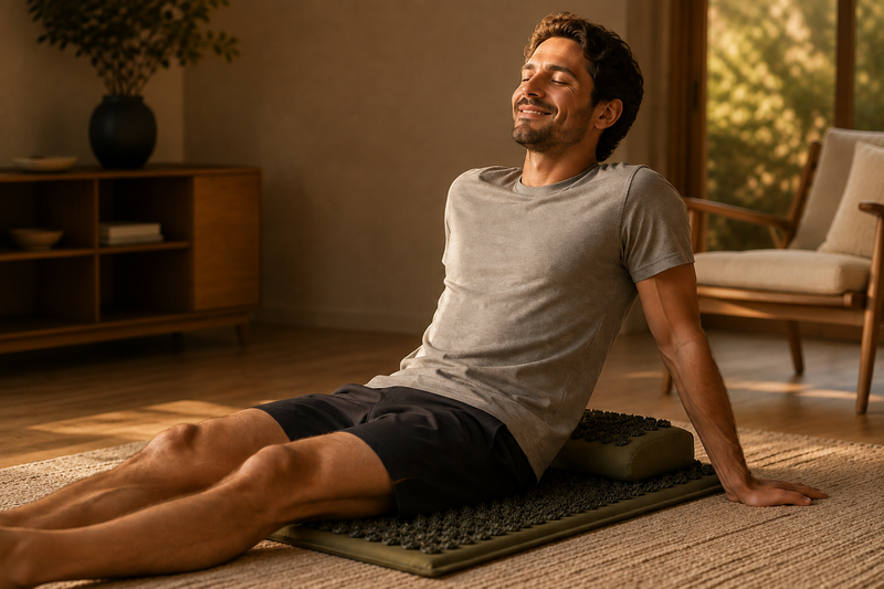A man in a gray t-shirt and black shorts sits on a textured massage/acupressure mat in a warm, modern living room.