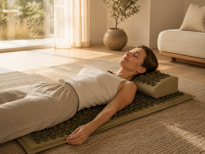 Woman relaxing on the Equaza Premium Linen Acupressure Mat after a long day.