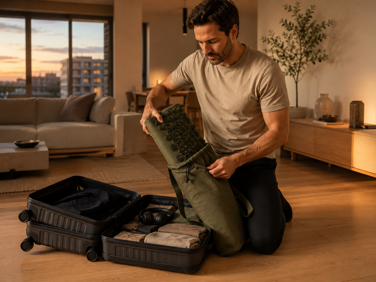 A man kneels on a wooden floor in a modern living room, packing an olive green garment into a black hard-shell suitcase.