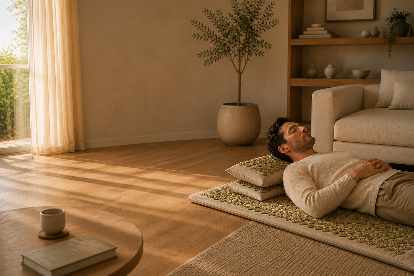 Modern Scandinavian living room with the Equaza Premium Linen Acupressure Mat.